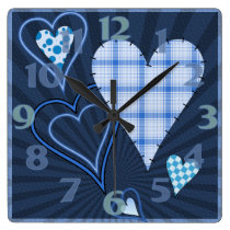 Blue Patchwork Hearts Square Clock wall clocks