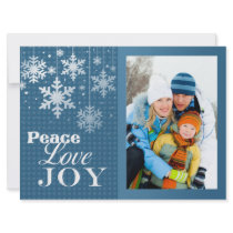 Blue Peace Love Joy Photo Christmas Flat Card Custom Invitations