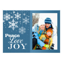 Blue Peace Love Joy Photo Christmas Flat Card Custom Invitations