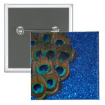 Blue Peacock Bouquet Glittery Still Life Pinback Buttons
