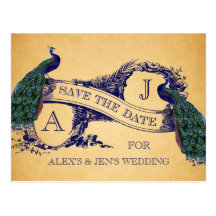 Blue Peacock Vintage Save the Date Postcard