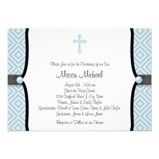 Blue Pearl Cross Black Blue Christening Announcements (front side)