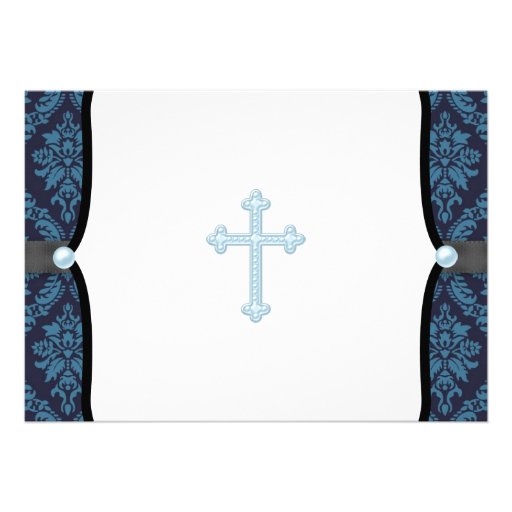 Blue Pearl Cross Blue Black Damask Christening Personalized Invite