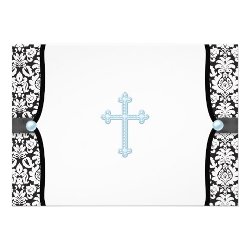 Blue Pearl Cross Blue Black Damask Christening Custom Announcements