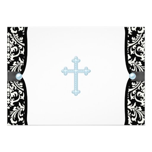 Blue Pearl Cross Blue Black Damask Christening Personalized Announcements