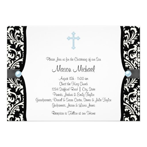 Blue Pearl Cross Blue Black Damask Christening Personalized Announcements
