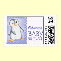 Blue Penguin baby shower postage stamps