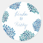Blue Petal Bloom Burst Wedding Round Sticker Seal