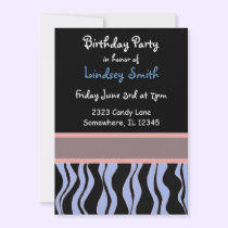 Blue, Pink and Black Zebra Birthday Invitation
