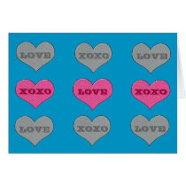 Blue, Pink and Gray, Hearts, Love, and XOXO Card
