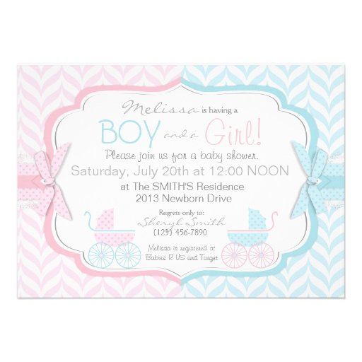 Blue & Pink Baby Carriage Twins Baby Shower Custom Invite