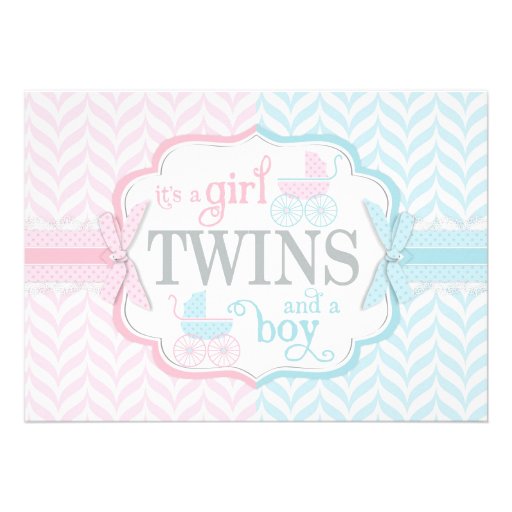 Blue & Pink Baby Carriage Twins Baby Shower Custom Invite (front side)