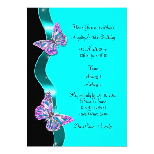 Blue pink black butterfly ribbon personalized invites