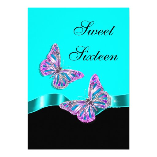 Blue pink black butterfly ribbon personalized invites