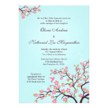 Blue pink cherry blossoms wedding invitation