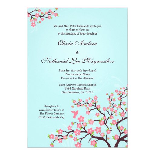 Blue pink cherry blossoms wedding invitation