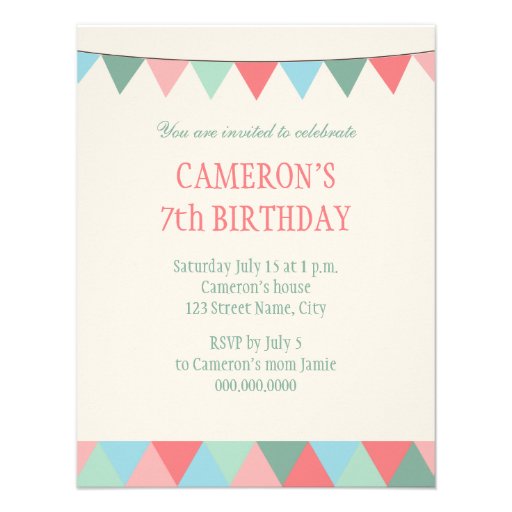Blue Pink Green String Pennon Kids Birthday Custom Announcement