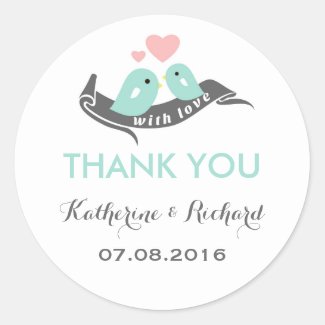 Blue Pink Grey Love Birds Wedding Favor Sticker