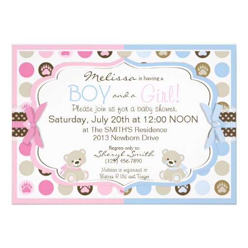 Blue & Pink Teddy Bears Twins Baby Shower Personalized Invites
