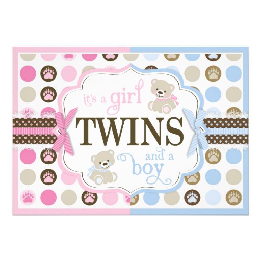 Blue & Pink Teddy Bears Twins Baby Shower Personalized Invites