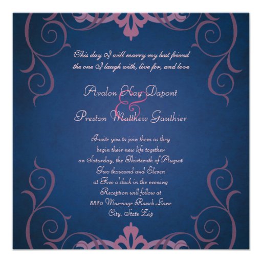 Blue & Pink Texture Silver Scroll Invitation