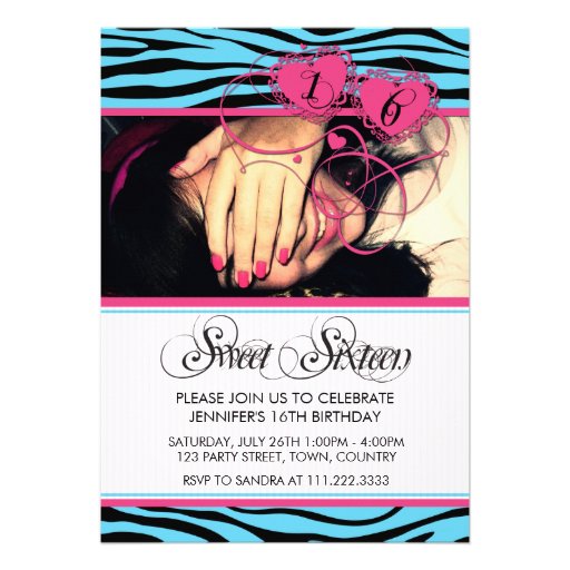 BLUE PINK TRENDY ZEBRA PRINT SWEET SIXTEEN INVITES