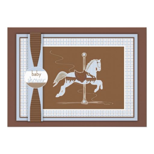 Blue Plaid Carousel Horse Baby Shower Invitation