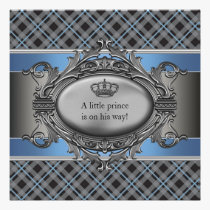 Blue Plaid Crown Little Prince Boy Baby Shower invitations