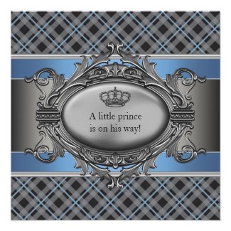 Blue Plaid Crown Little Prince Boy Baby Shower Custom Announcements