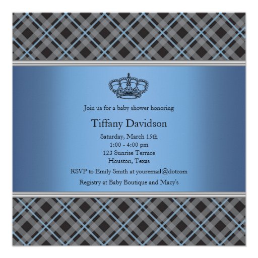 Blue Plaid Crown Little Prince Boy Baby Shower Custom Announcements