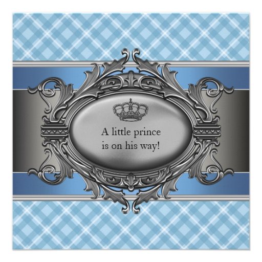 Blue Plaid Crown Little Prince Boy Baby Shower Announcements