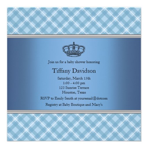 Blue Plaid Crown Little Prince Boy Baby Shower Announcements