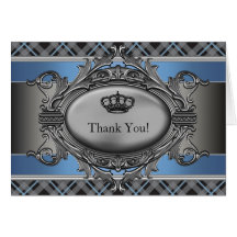 Blue Plaid Crown Little Prince Thank You Cards