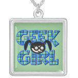 Blue Plaid Geek Girl with Graphic Personalized Necklace