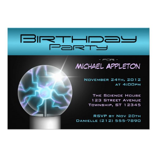 Blue Plasma Ball Birthday Party Invitations