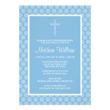 Blue Polka Dot Cross Boy Baptism Christening Custom Invites