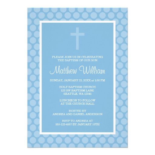 Blue Polka Dot Cross Boy Baptism Christening Custom Invites (front side)