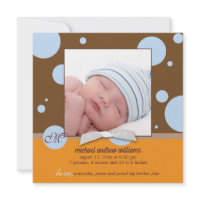 Blue Polka Dots Monogram Baby Boy Photo Birth invitation