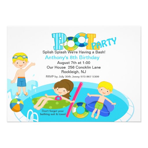 Blue Pool Party  Birthday Invitation
