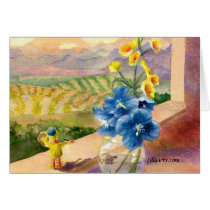 Blue Poppies, Buttercups, Big Bird Greeting Card by lillyarts Blue Poppies, Buttercups, Big Bird Greeting Card
