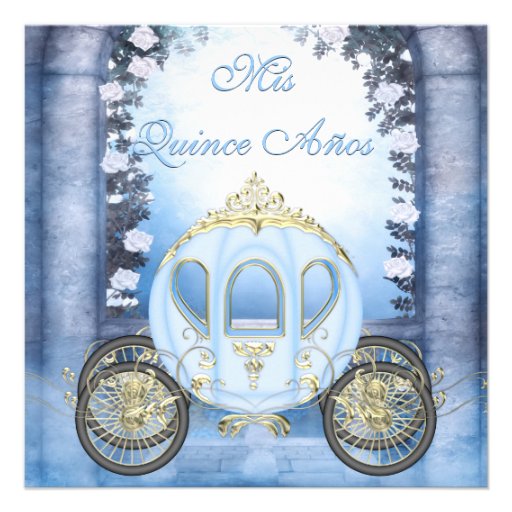 Blue Princess Carriage Enchanted Quinceanera Announcements (front side)