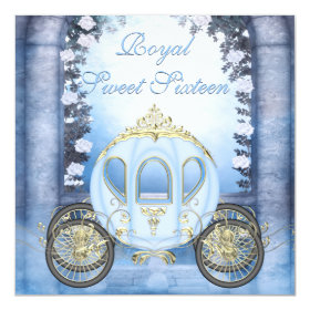 Blue Princess Carriage Enchanted Sweet 16 5.25x5.25 Square Paper Invitation Card