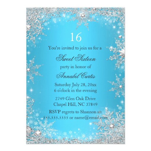 Blue Princess Winter Wonderland Sweet 16 Invite