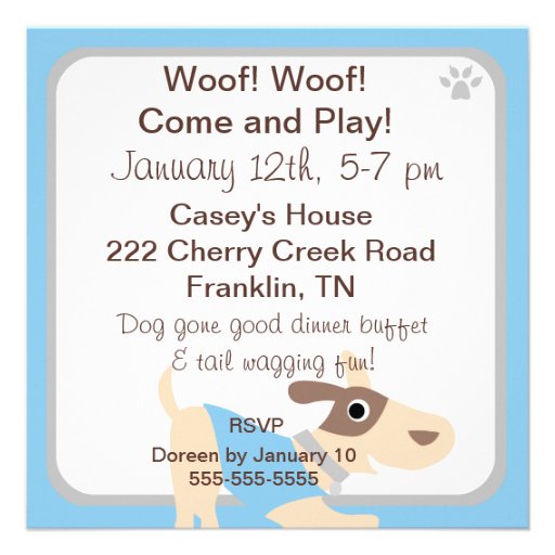 Blue Puppy Dog Custom Birthday Invitations