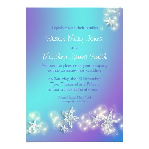 Blue purple beach starfish wedding custom invite
