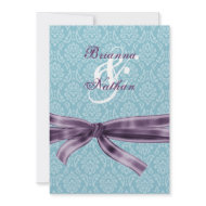 Blue & Purple Damask & Bow Wedding Invitation invitation