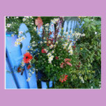 Blue-Purple fence with Cheerful Flower Bouquet postcards