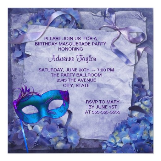 Blue Purple Hydrangea Masquerade Party Invitations