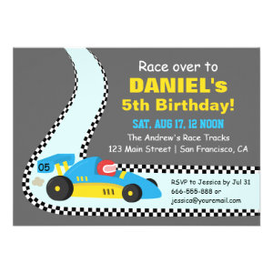 Blue Race Car Kids Birthday Party Invitations