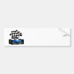 Blue Race Car with Checkered Flag Bumper Sticker